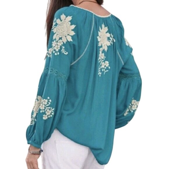Sundance Naomi Isles Top Teal Embroidered Bohemian Balloon Sleeve Size PS - Picture 4 of 8